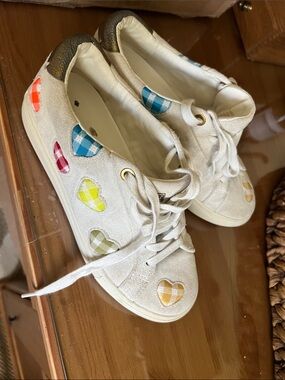 Kurt Geiger Cream Suede Sneakers with Multicolor Plaid Heart Details